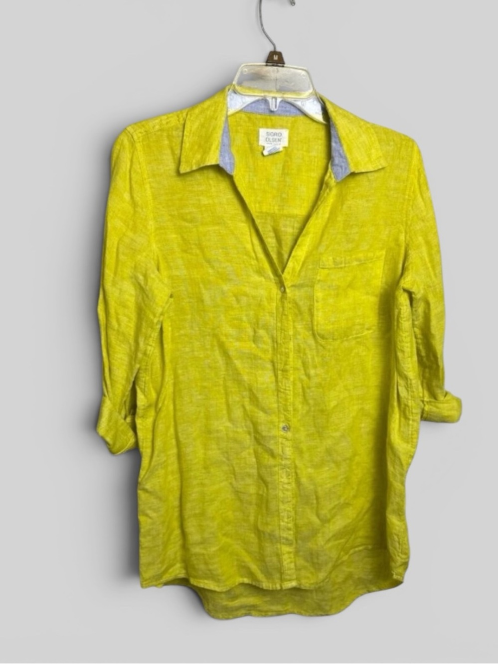 Sigrid Olsen bright yellow linen button up roll tab sleeves preppy size Small